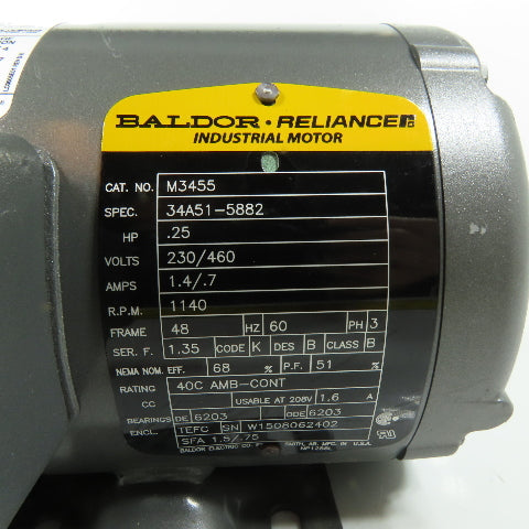Baldor-Reliance M3455 .25HP Electric Motor 230/460V 1140RPM 3Ph 48 Frame