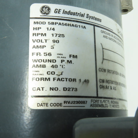 GE D273 5BPA56HAG11A 1/4HP DC Motor 90V 1725RPM P.M. Wound 56 Frame Tested