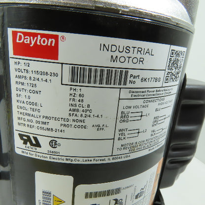 Dayton 6K177BG 1/2HP Electric Motor 115/208-230V 1725RPM 1Ph 48 Frame