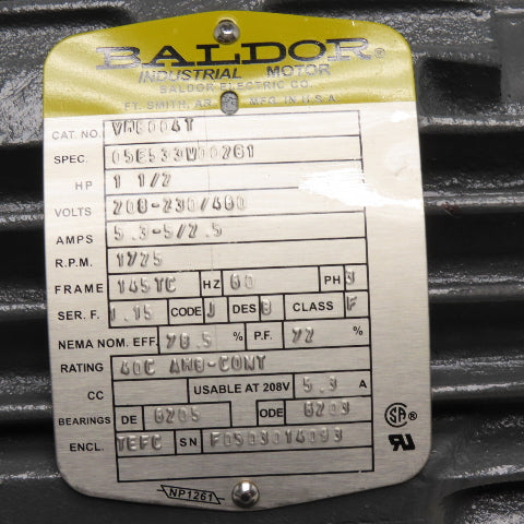 Baldor VM3004T 1-1/2HP AC Electric Motor 208-230/460V 3Ph 145TC Frame 1725RPM