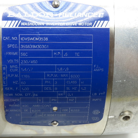 Baldor IDVSWDM3538 .5HP Wash Down Motor 230/460V 1765RPM 3Ph 56C Frame