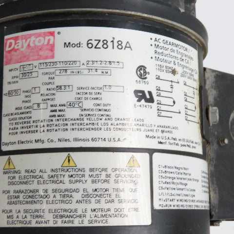 Dayton 6Z818A 1/6HP AC Gearmotor 115/230V 1Ph 30RPM 58.3:1 Ratio With Brake