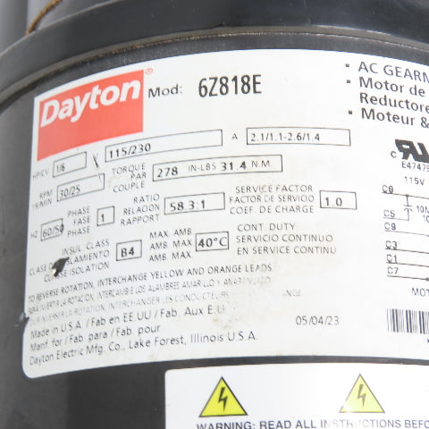 Dayton 6Z818E 1/6HP AC Gearmotor 115/230V 1Ph 30RPM 58.3:1 Ratio With Brake