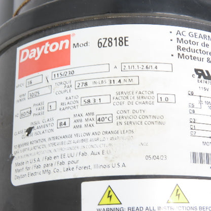Dayton 6Z818E 1/6HP AC Gearmotor 115/230V 1Ph 30RPM 58.3:1 Ratio With Brake
