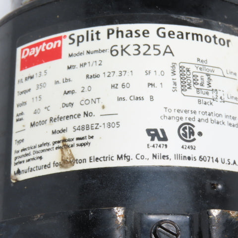 Dayton 6K325A 1/12HP Split Phase Brake Gearmotor 115V 1Ph 13.5RPM 127.37:1 Ratio