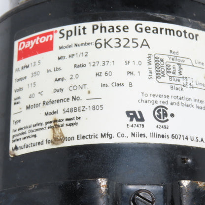 Dayton 6K325A 1/12HP Split Phase Brake Gearmotor 115V 1Ph 13.5RPM 127.37:1 Ratio