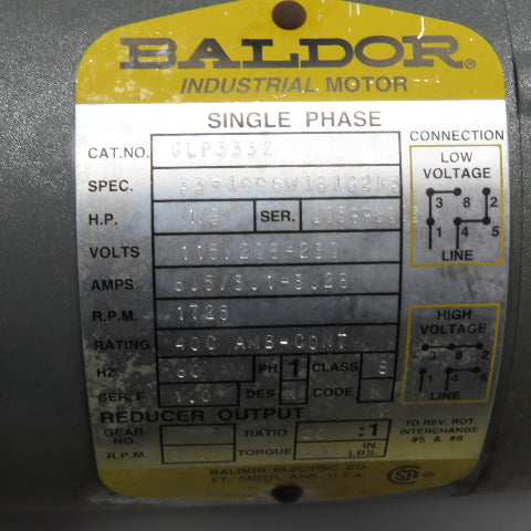 Baldor GLP3332 1/3HP Single Phase Gearmotor 115/208-230V 86.3RPM 20:1 Ratio