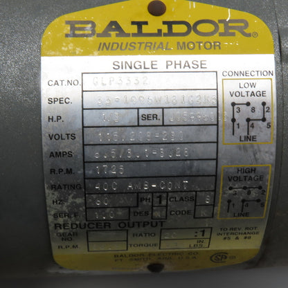 Baldor GLP3332 1/3HP Single Phase Gearmotor 115/208-230V 86.3RPM 20:1 Ratio