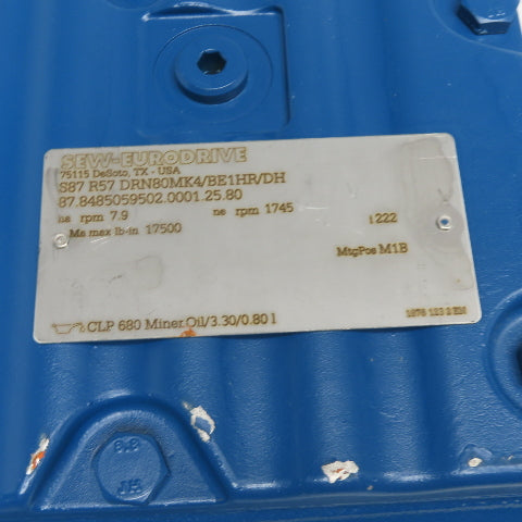 SEW S87 R57 DRN80MK4/BE1HR 0.75HP Multi Stage Gearmotor 230/460V 7.9RPM 222 :1