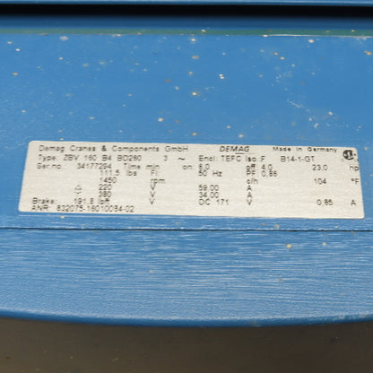 DEMAG ZBV 160 B4 BD260 23.0HP Crane Motor 220/380V 3Ph 1450RPM 50Hz *No Brake*