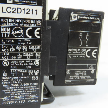 Telemecanique LC2D1211 3-Pole Reversing Contactor 120V 60Hz Coils 25A 600VAC Max