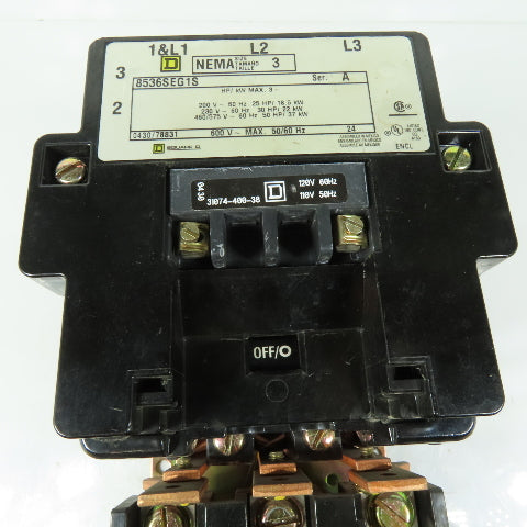 Square D 8536SEG1S Motor Starter NEMA Size 3 120V Coil 90A 600VAC Max 3Ph