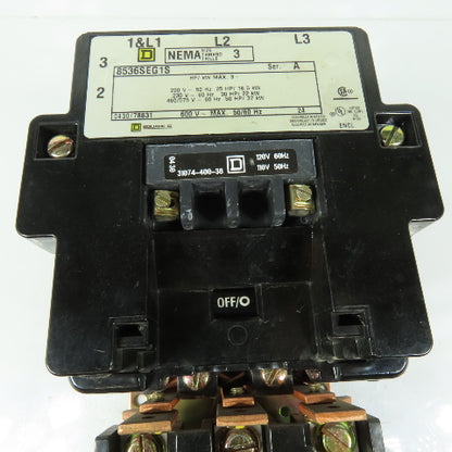 Square D 8536SEG1S Motor Starter NEMA Size 3 120V Coil 90A 600VAC Max 3Ph