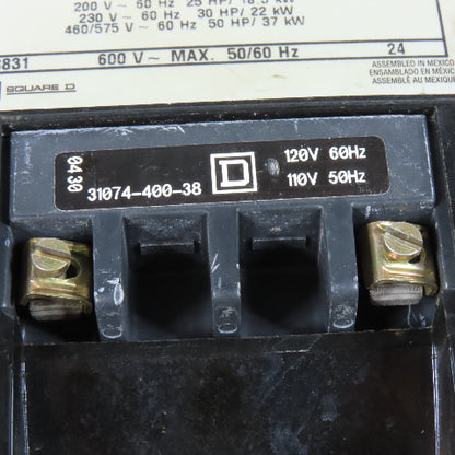 Square D 8536SEG1S Motor Starter NEMA Size 3 120V Coil 90A 600VAC Max 3Ph