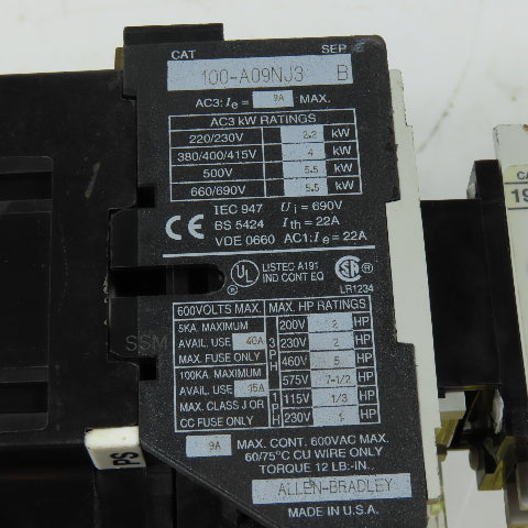 Allen-Bradley 100-A09NJ3 Reversing Contactor Assembly 24V 60Hz Coils 9A 600VAC