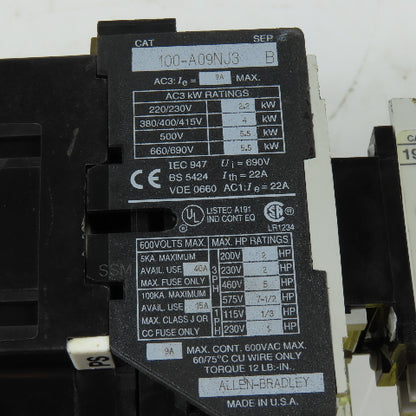 Allen-Bradley 100-A09NJ3 Reversing Contactor Assembly 24V 60Hz Coils 9A 600VAC