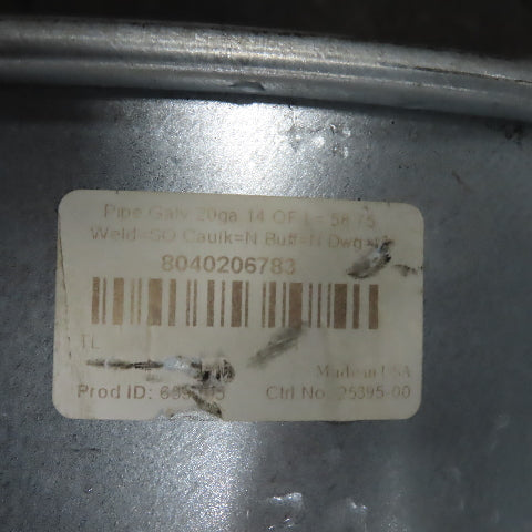 Nordfab 8040206783 14" x 58-3/4" Galvanized Steel HVAC Pipe Duct 20ga 14QF