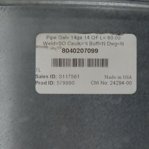 Nordfab 8040207099 14" x 58-3/4" Galvanized Steel HVAC Pipe Duct 14ga 14QF