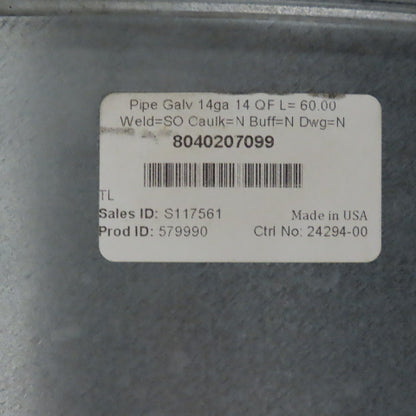 Nordfab 8040207099 14" x 58-3/4" Galvanized Steel HVAC Pipe Duct 14ga 14QF