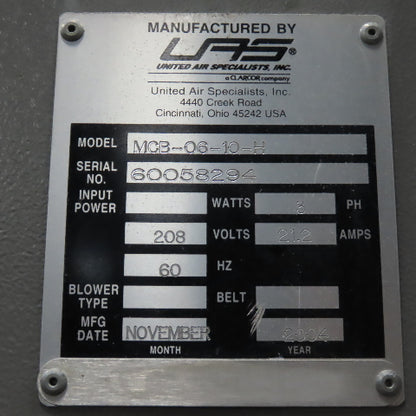 United Air Specialist MCB-06-10-H Cross Ventilation Cartridge Dust Collector 3Ph