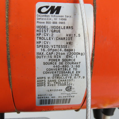 CM Lodestar Model RRS 2Ton 4000LB Electric Chain Hoist 20'Lift 16FPM 230/460 3Ph