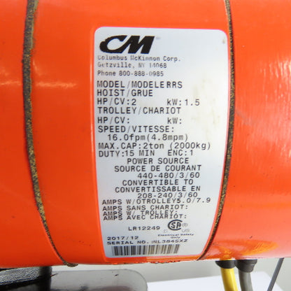 CM Lodestar Model RRS 2Ton 4000LB Electric Chain Hoist 20'Lift 16FPM 230/460 3Ph