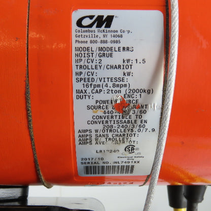 CM Lodestar Model RRS 2Ton 4000LB Electric Chain Hoist 20'Lift 16FPM 230/460 3Ph