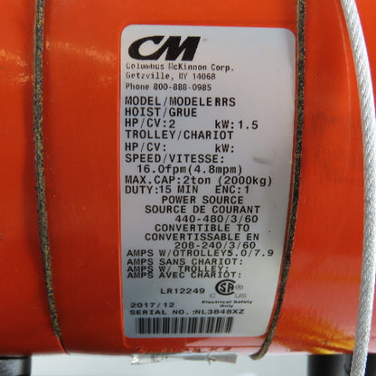 CM Lodestar Model RRS 2Ton 4000LB Electric Chain Hoist 20'Lift 16FPM 230/460 3Ph