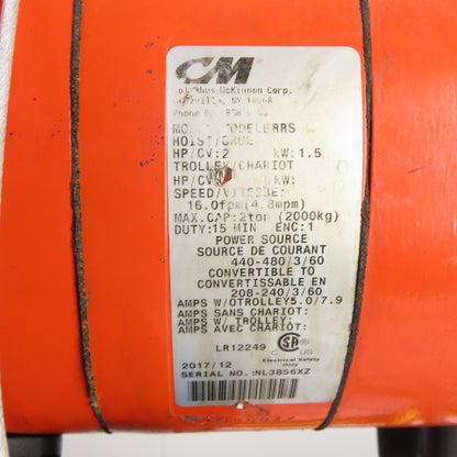 CM Lodestar Model RRS 2Ton 4000LB Electric Chain Hoist 20'Lift 16FPM 230/460 3Ph