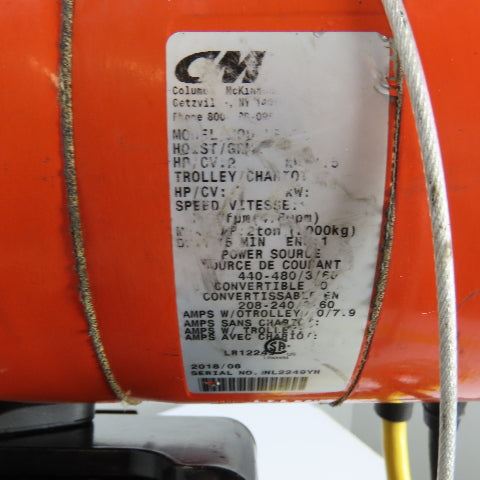 CM Lodestar Model RRS 2Ton 4000LB Electric Chain Hoist 20'Lift 16FPM 230/460 3Ph