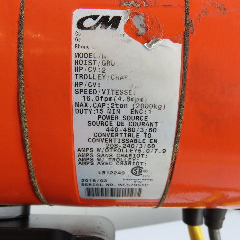 CM Lodestar Model RRS 2Ton 4000LB Electric Chain Hoist 20'Lift 16FPM 230/460 3Ph