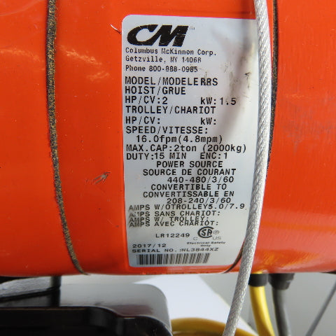 CM Lodestar Model RRS 2Ton 4000LB Electric Chain Hoist 20'Lift 16FPM 230/460 3Ph