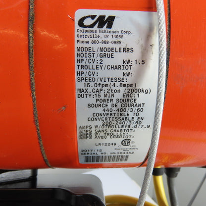 CM Lodestar Model RRS 2Ton 4000LB Electric Chain Hoist 20'Lift 16FPM 230/460 3Ph
