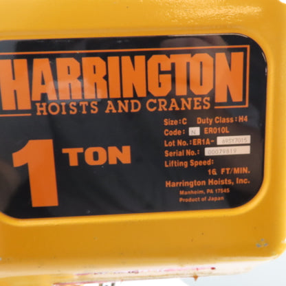 Harrington ER010L 1 Ton 2000LB Electric Chain Hoist 20' Lift 16FPM 460V 3PH