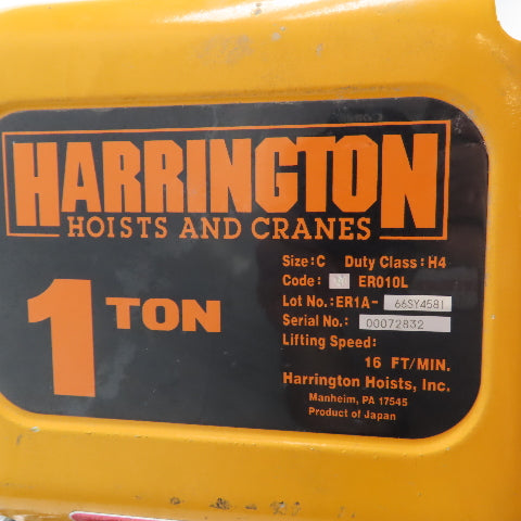 Harrington ER010L 1 Ton 2000LB Electric Chain Hoist 20' Lift 16FPM 460V 3PH
