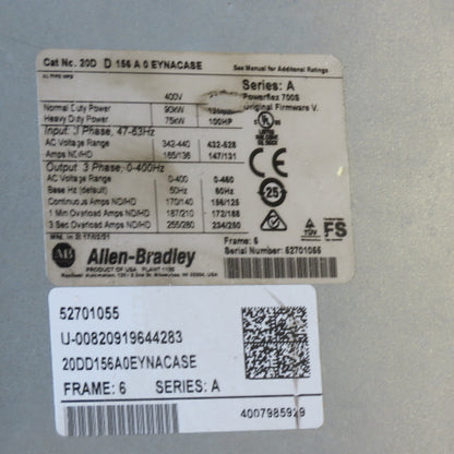 Allen-Bradley 20DD156A0EYNACASE PowerFlex 700S AC VFD Drive 125HP 480V 3Ph PARTS