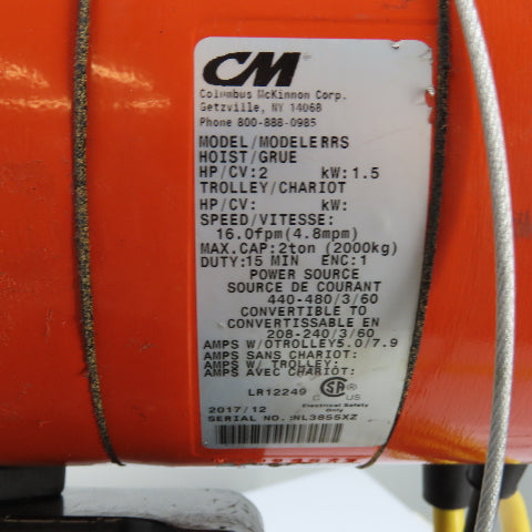 CM Lodestar Model RRS 2Ton 4000LB Electric Chain Hoist 20'Lift 16FPM 230/460 3Ph