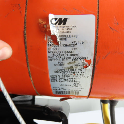 CM Lodestar Model RRS 2Ton 4000LB Electric Chain Hoist 20'Lift 16FPM 230/460 3Ph