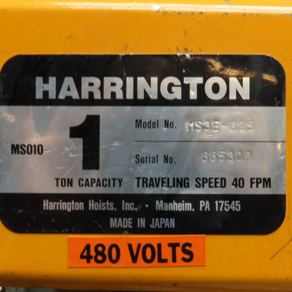 Harrington MS3E-895 1 Ton Electric Hoist 15' Travel 13FPM Power Trolley Tested
