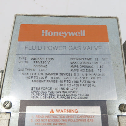 Honeywell V4055D 1035 Dual Power Gas Valve Actuator 120V G-LP 13 Sec Opening