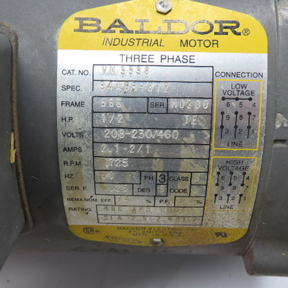 Baldor VM3538 1/2HP AC Electric Motor 208-230/460V 3Ph 1725RPM 56C Tested
