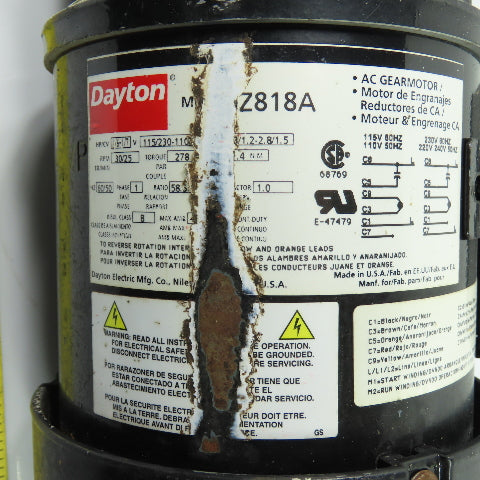 Dayton Z818A Parallel Shaft AC Gearmotor 58.3:1 115/230V 1Ph 30/25RPM W/ Brake
