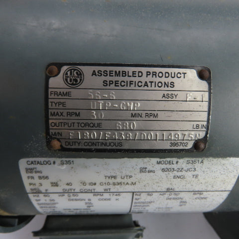 U.S. Motors S351A 1/2HP Gear Motor 230/460V 3Ph 30RPM 58:1Ratio 630In-Lb