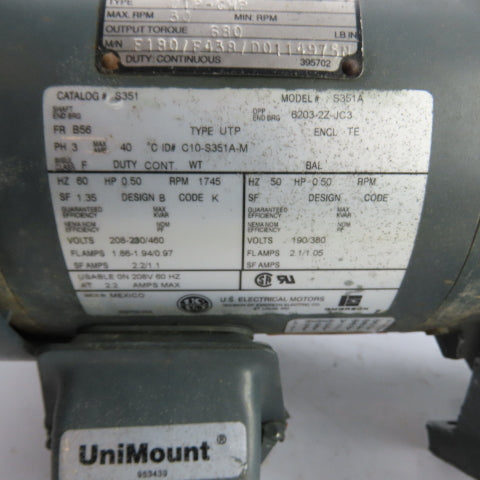 U.S. Motors S351A 1/2HP Gear Motor 230/460V 3Ph 30RPM 58:1Ratio 630In-Lb