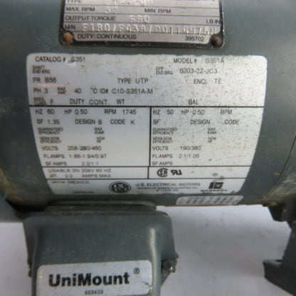 U.S. Motors S351A 1/2HP Gear Motor 230/460V 3Ph 30RPM 58:1Ratio 630In-Lb