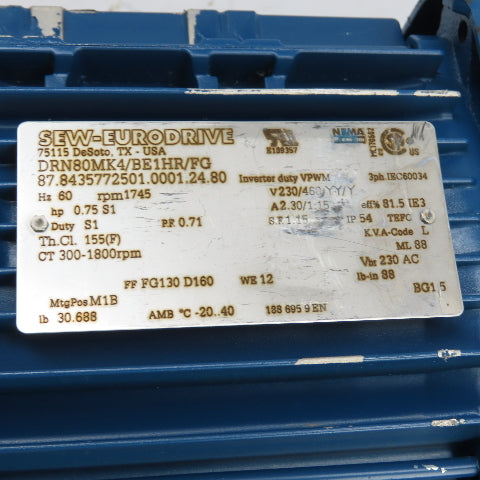 SEW-Eurodrive DRN80MK4/BE1HR/FG 0.75HP Electric Motor 230/460V 3Ph 1745RPM