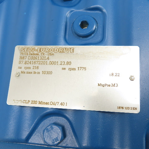 SEW-EURODRIVE R87 DRN132L4 12.3HP Gearmotor 230/460V 3Ph 1775/216RPM 8.22 Ratio