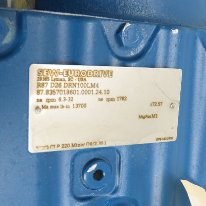 SEW-Eurodrive R87 D26 DRN100LM4 3HP Gear Motor 230/460V 3Ph 72.57:1 Ratio