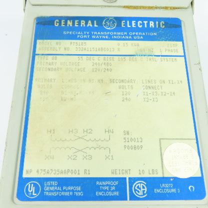 General Electric 9T51B5 0.15 KVA Transformer 240/480V Pri 120/240V Sec 1Ph
