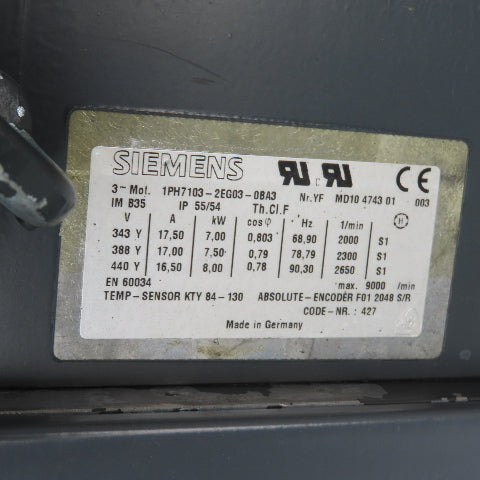 Siemens 1PH7103-2EG03-0BA3 AC Induction Servo Motor 8kW 2650RPM 440V